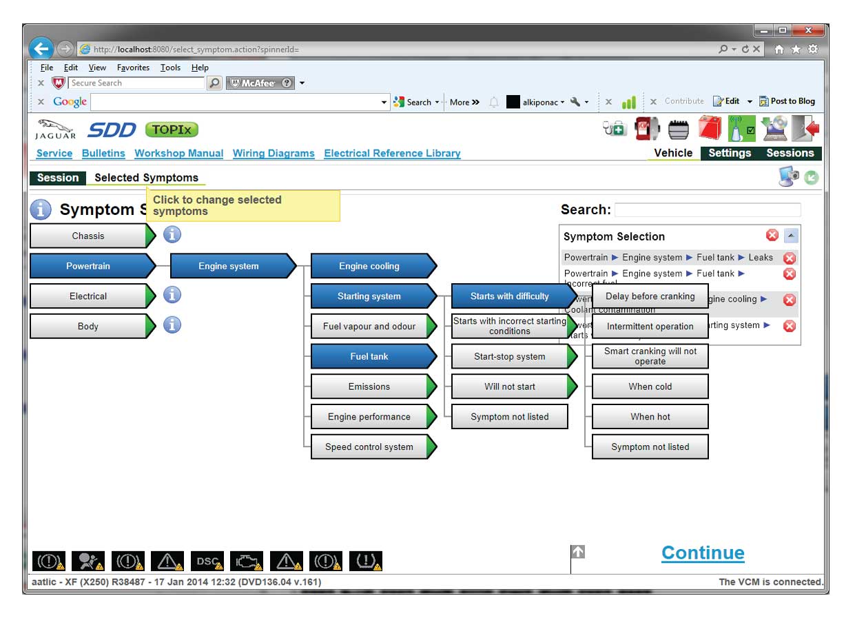 View of Symptom Selector on an old product