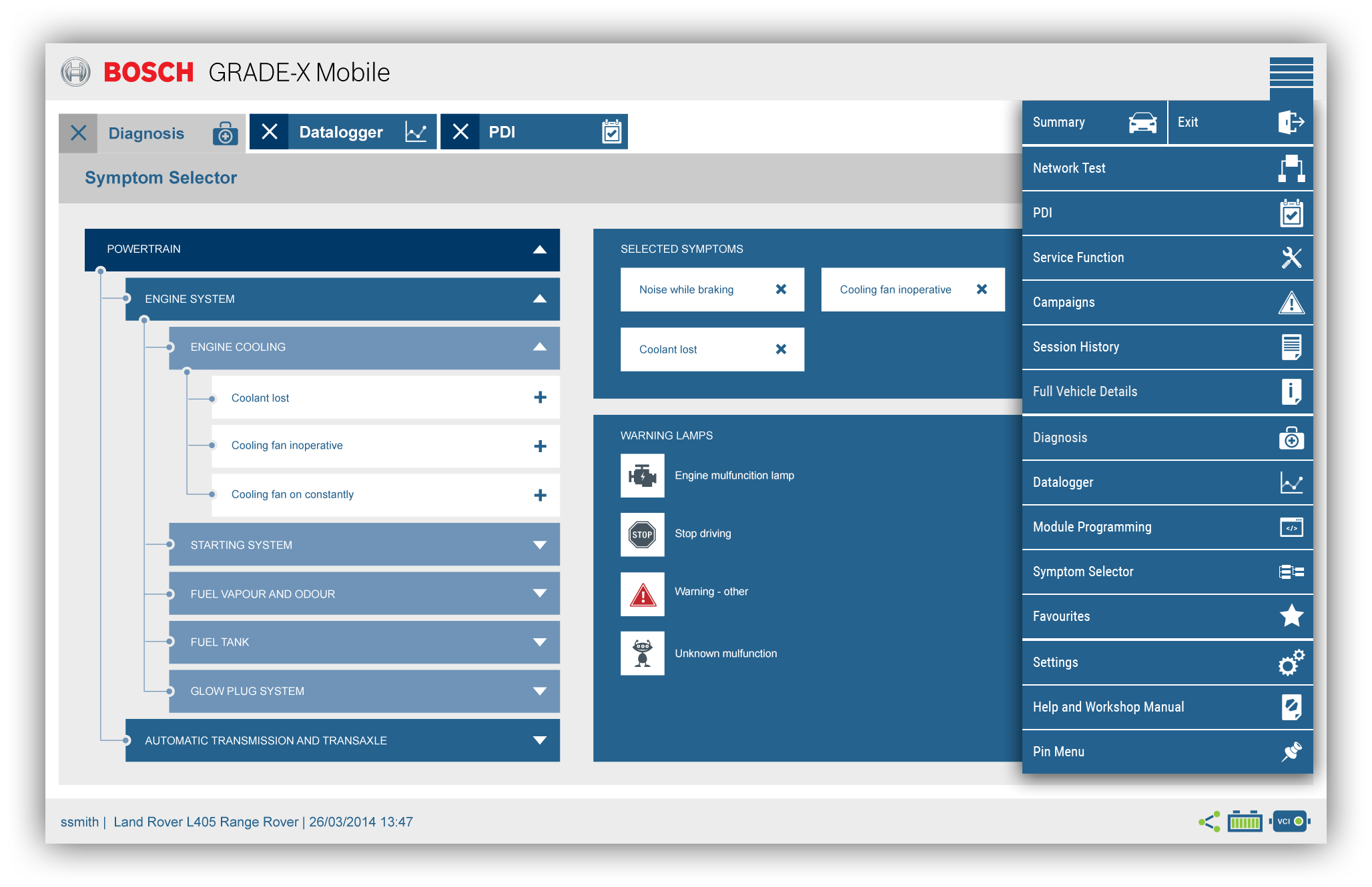 Symptom selector different view with open menu