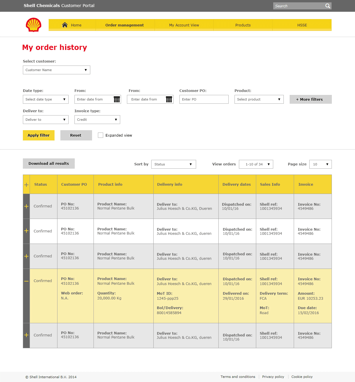 Order history page