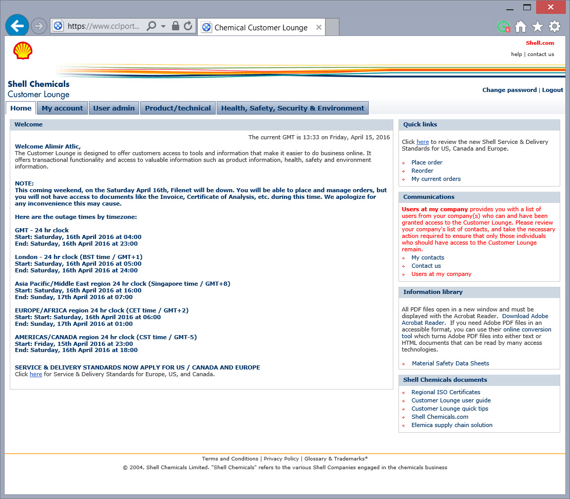 Shell Customer Chemmical Portal old wesbite