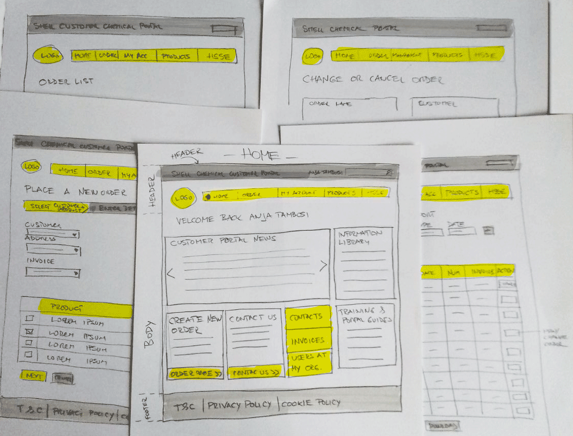 Wireframing, rough pencil sketches