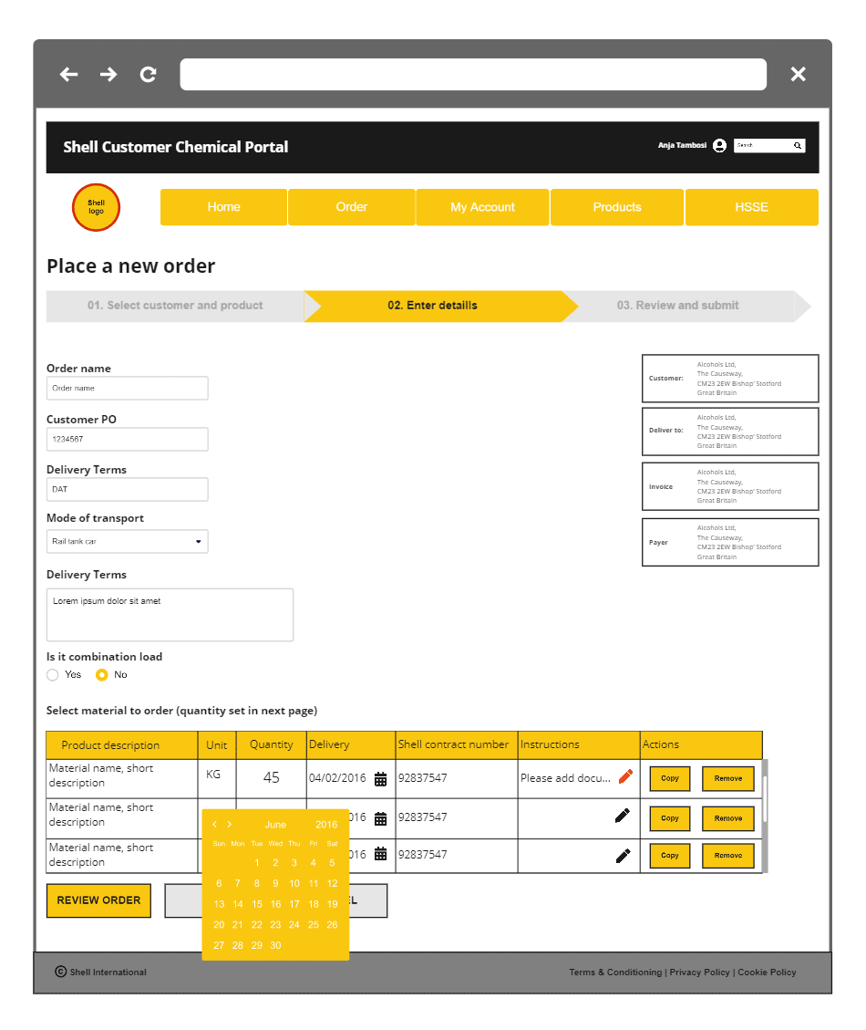 Enter order details page